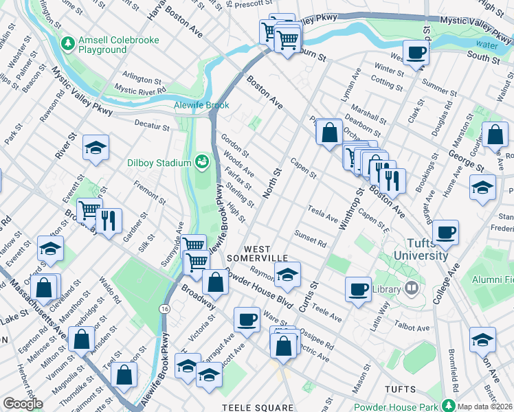 map of restaurants, bars, coffee shops, grocery stores, and more near 15 Fairfax Street in Somerville
