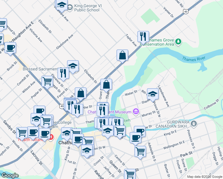 map of restaurants, bars, coffee shops, grocery stores, and more near 190 Thames Street in Chatham-Kent