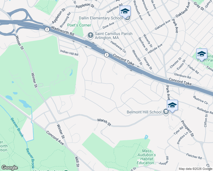 map of restaurants, bars, coffee shops, grocery stores, and more near 68 Longmeadow Road in Belmont