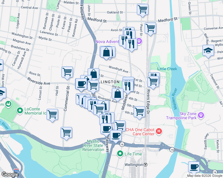 map of restaurants, bars, coffee shops, grocery stores, and more near 83 3rd Street in Medford