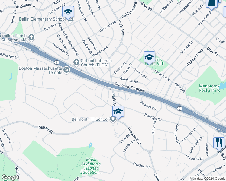 map of restaurants, bars, coffee shops, grocery stores, and more near 96 Park Avenue in Belmont