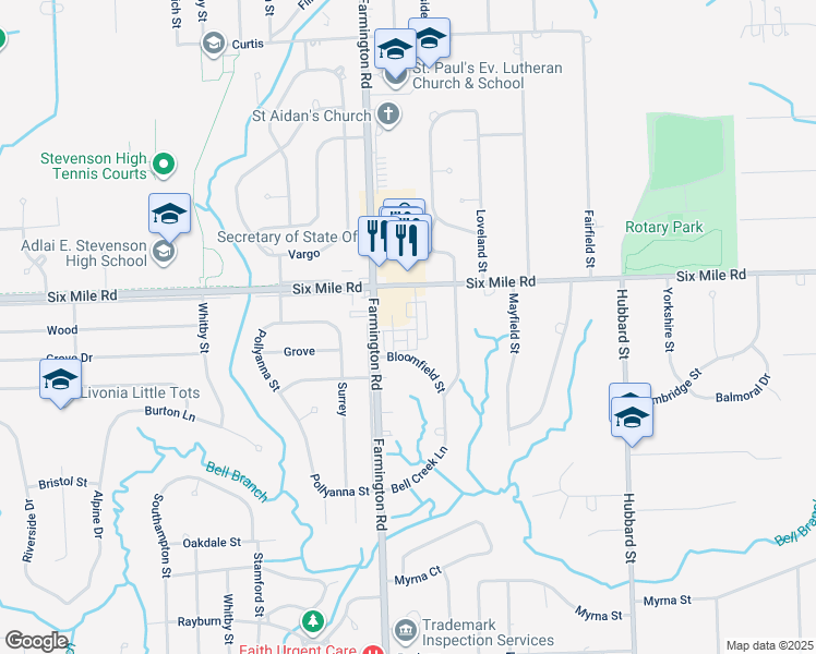 map of restaurants, bars, coffee shops, grocery stores, and more near 16954 Farmington Road in Livonia