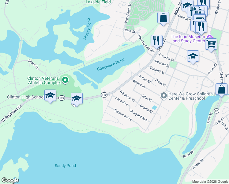 map of restaurants, bars, coffee shops, grocery stores, and more near 178 South Main Street in Clinton