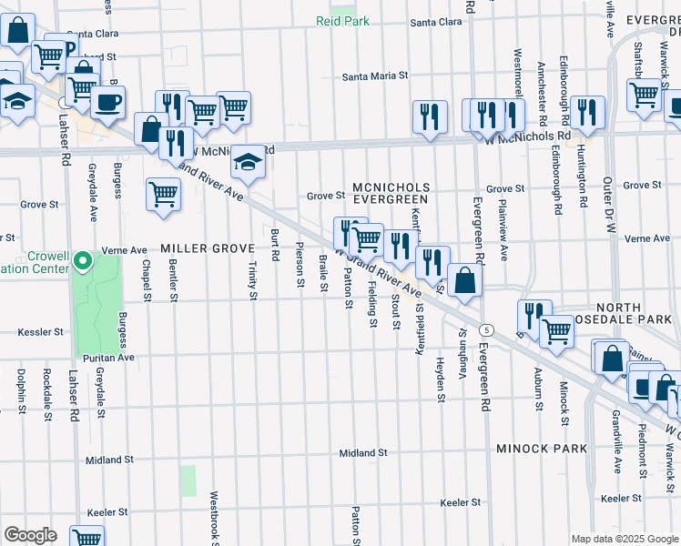 map of restaurants, bars, coffee shops, grocery stores, and more near 20551 Michigan 5 in Detroit
