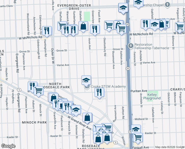 map of restaurants, bars, coffee shops, grocery stores, and more near 16526 Avon Avenue in Detroit