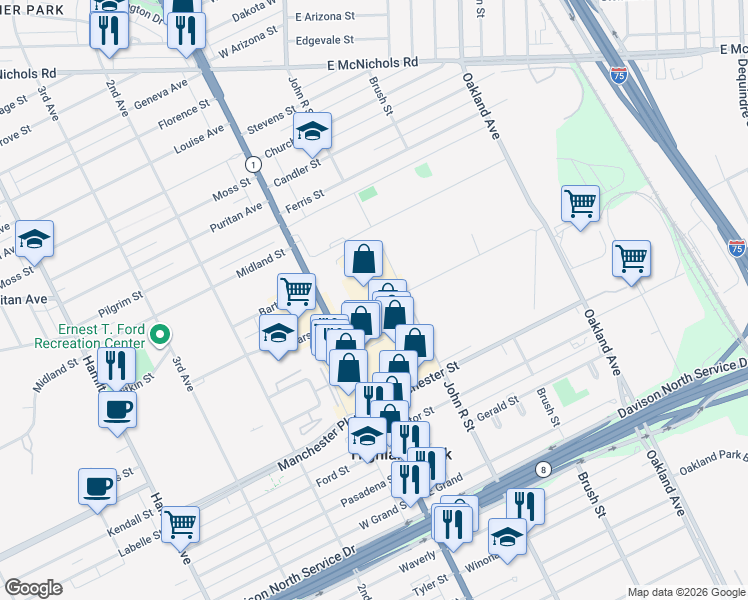 map of restaurants, bars, coffee shops, grocery stores, and more near 91 Manchester Street in Highland Park