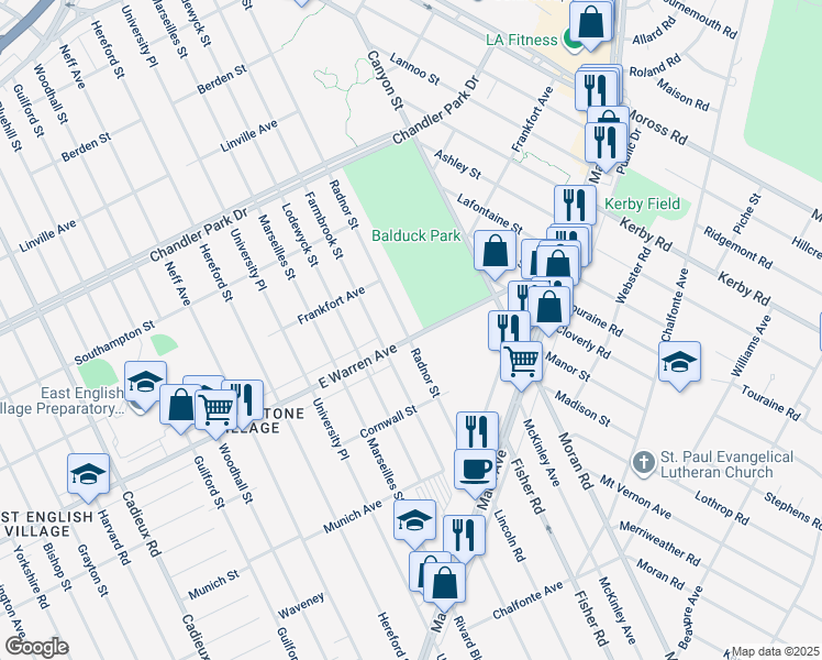 map of restaurants, bars, coffee shops, grocery stores, and more near 5034 Radnor Street in Detroit