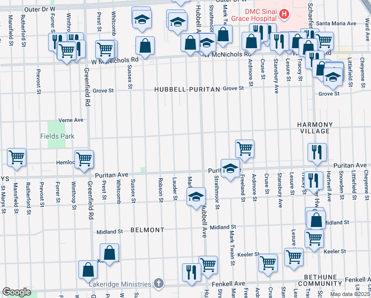 map of restaurants, bars, coffee shops, grocery stores, and more near 16201 Marlowe Street in Detroit