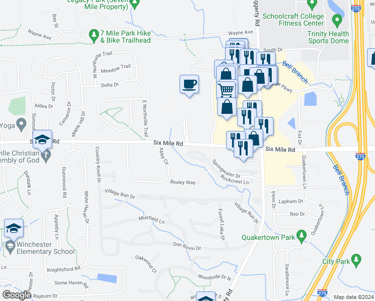 map of restaurants, bars, coffee shops, grocery stores, and more near 39841 Rockcrest Circle in Northville