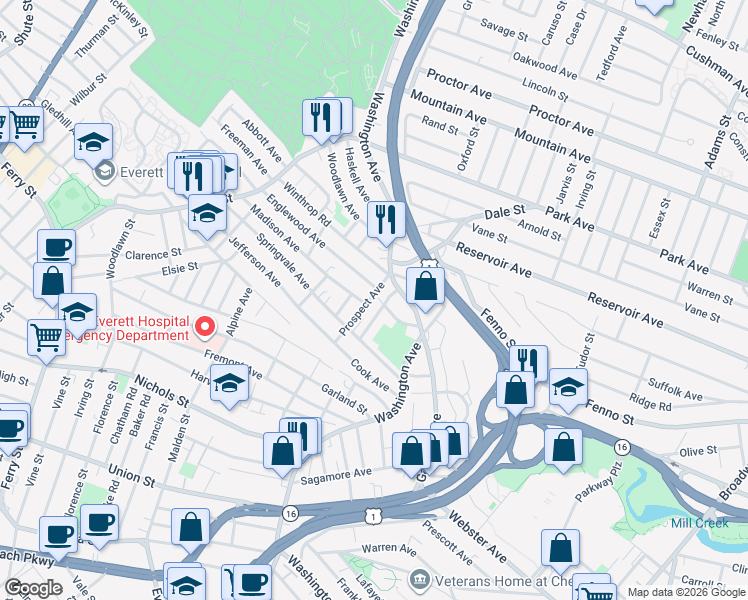map of restaurants, bars, coffee shops, grocery stores, and more near 16 Englewood Avenue in Chelsea