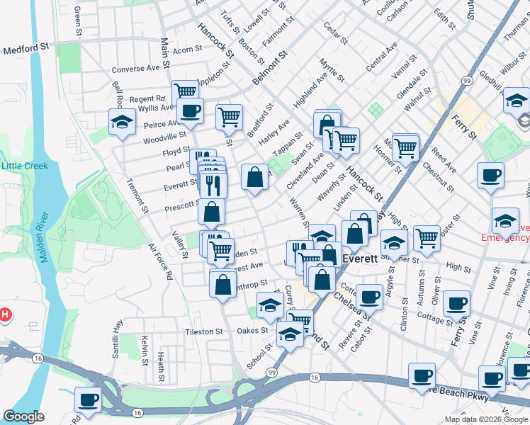 map of restaurants, bars, coffee shops, grocery stores, and more near 16 Cleveland Avenue in Everett