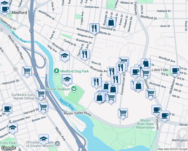 map of restaurants, bars, coffee shops, grocery stores, and more near in Medford