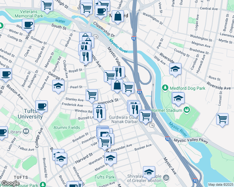 map of restaurants, bars, coffee shops, grocery stores, and more near 134 Mystic Avenue in Medford