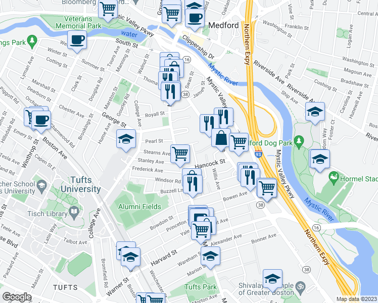 map of restaurants, bars, coffee shops, grocery stores, and more near 22 Hancock Avenue in Medford