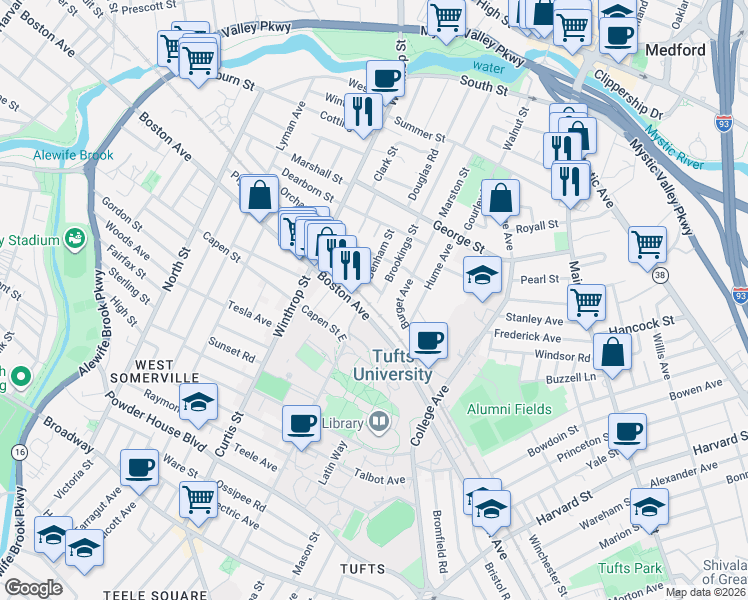 map of restaurants, bars, coffee shops, grocery stores, and more near 67 Charnwood Road in Medford