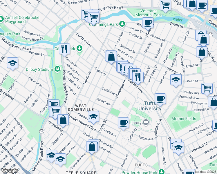 map of restaurants, bars, coffee shops, grocery stores, and more near 32 Capen Street East in Medford