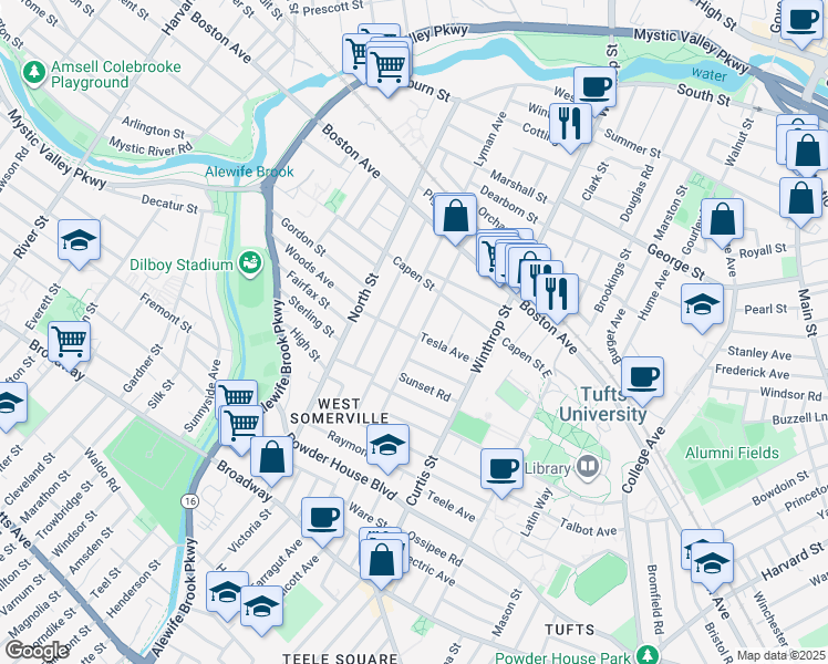 map of restaurants, bars, coffee shops, grocery stores, and more near 52 Adams Street in Medford