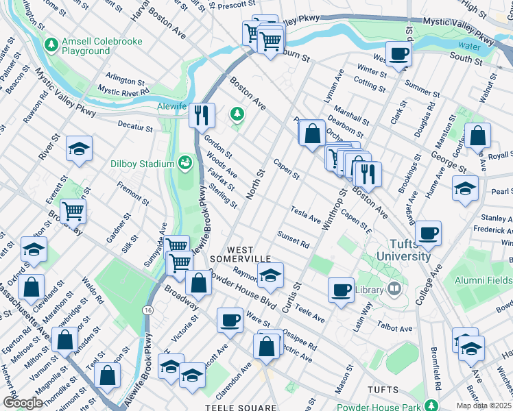 map of restaurants, bars, coffee shops, grocery stores, and more near 67 Quincy Street in Medford