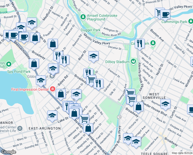 map of restaurants, bars, coffee shops, grocery stores, and more near 47 Norcross Street in Arlington
