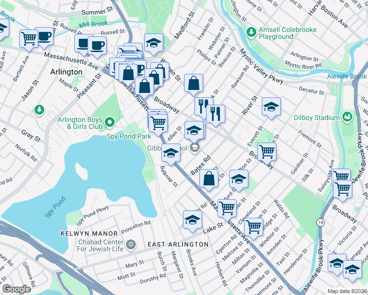 map of restaurants, bars, coffee shops, grocery stores, and more near 28 Adams Street in Arlington