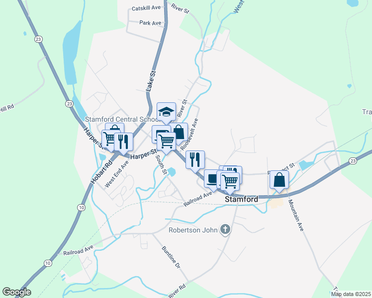 map of restaurants, bars, coffee shops, grocery stores, and more near 5 Roosevelt Avenue in Stamford