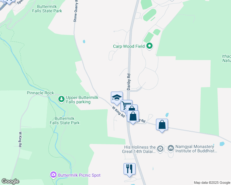 map of restaurants, bars, coffee shops, grocery stores, and more near 108 Birdseyeview Drive in Ithaca