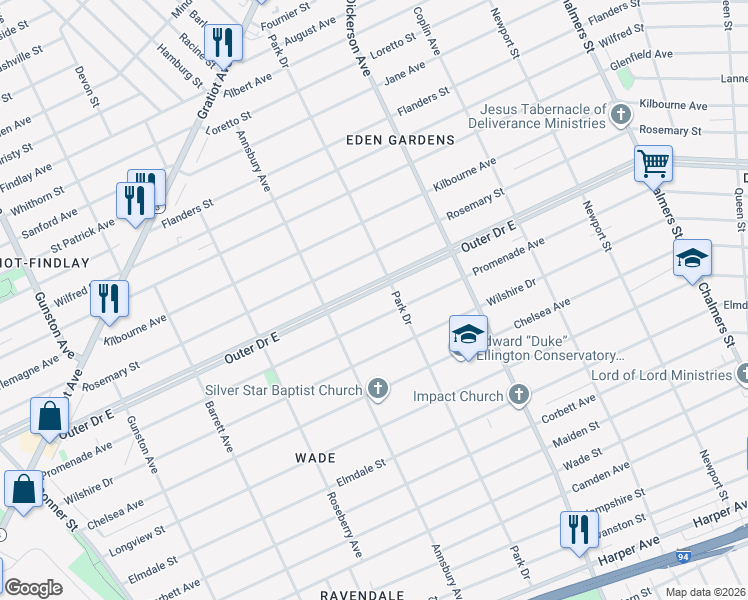 map of restaurants, bars, coffee shops, grocery stores, and more near in Detroit