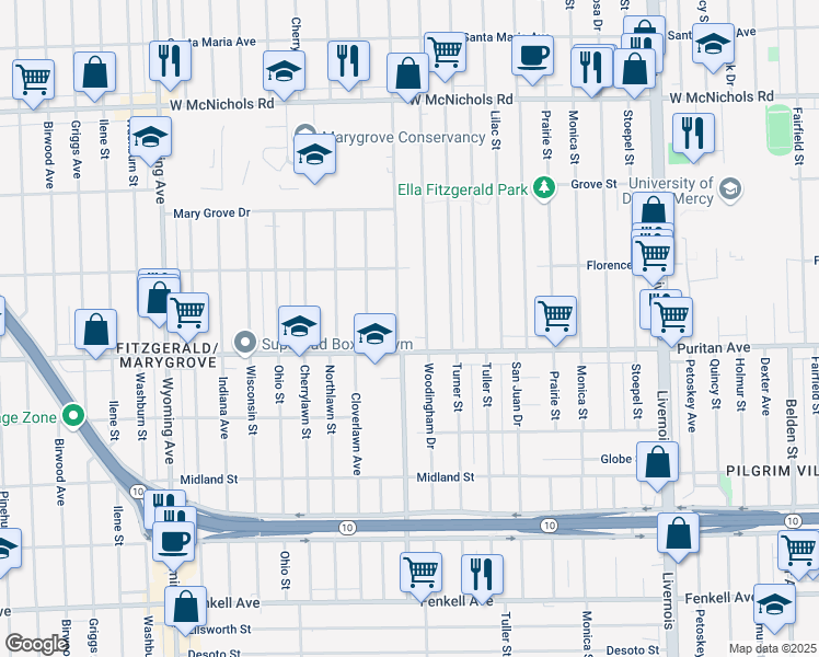 map of restaurants, bars, coffee shops, grocery stores, and more near 16185 Greenlawn Street in Detroit