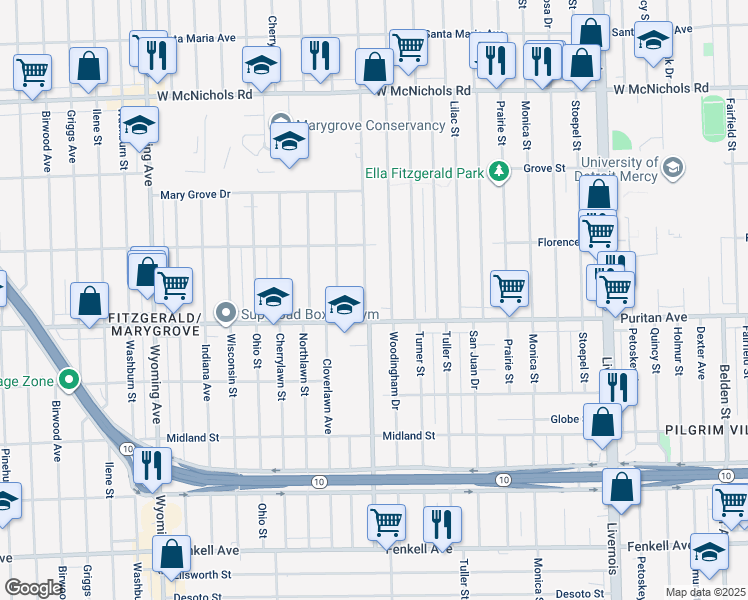 map of restaurants, bars, coffee shops, grocery stores, and more near 16185 Greenlawn Street in Detroit