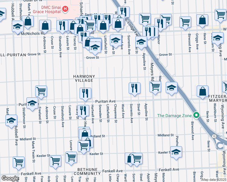 map of restaurants, bars, coffee shops, grocery stores, and more near 16202 Cheyenne Street in Detroit