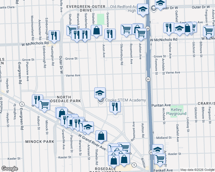 map of restaurants, bars, coffee shops, grocery stores, and more near 16561 Greenview Avenue in Detroit
