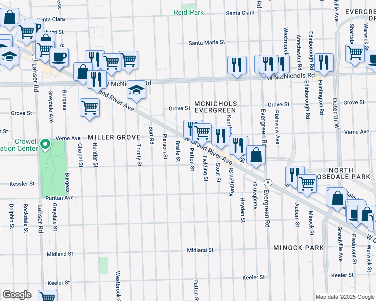 map of restaurants, bars, coffee shops, grocery stores, and more near 20551 Michigan 5 in Detroit