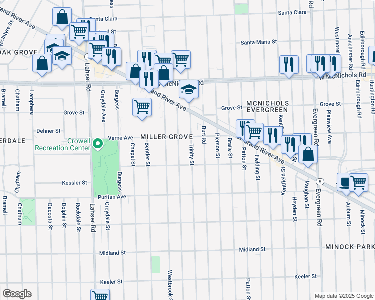 map of restaurants, bars, coffee shops, grocery stores, and more near 16608 Trinity Street in Detroit