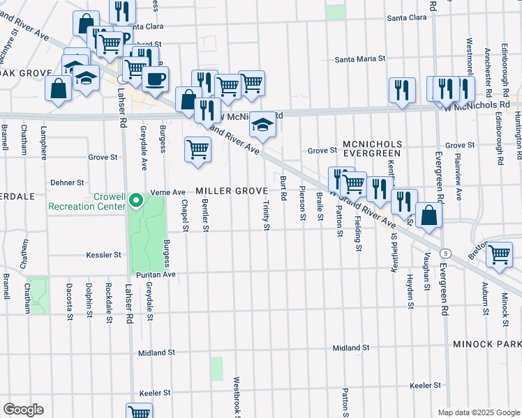 map of restaurants, bars, coffee shops, grocery stores, and more near 16608 Trinity Street in Detroit