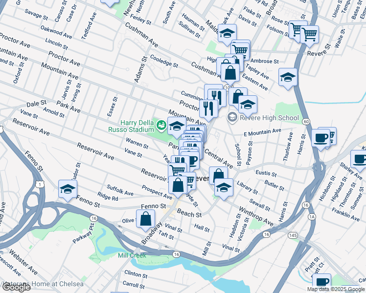 map of restaurants, bars, coffee shops, grocery stores, and more near 51 Park Avenue in Revere