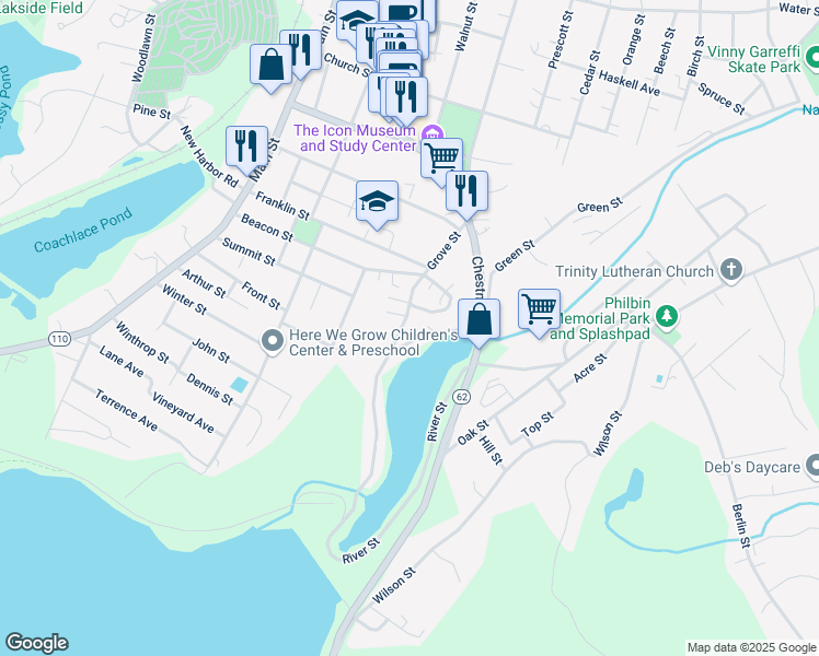 map of restaurants, bars, coffee shops, grocery stores, and more near 22 Ledge Court in Clinton