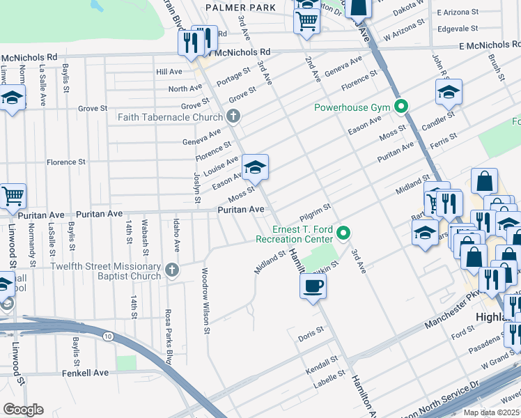 map of restaurants, bars, coffee shops, grocery stores, and more near Puritan Avenue in Highland Park