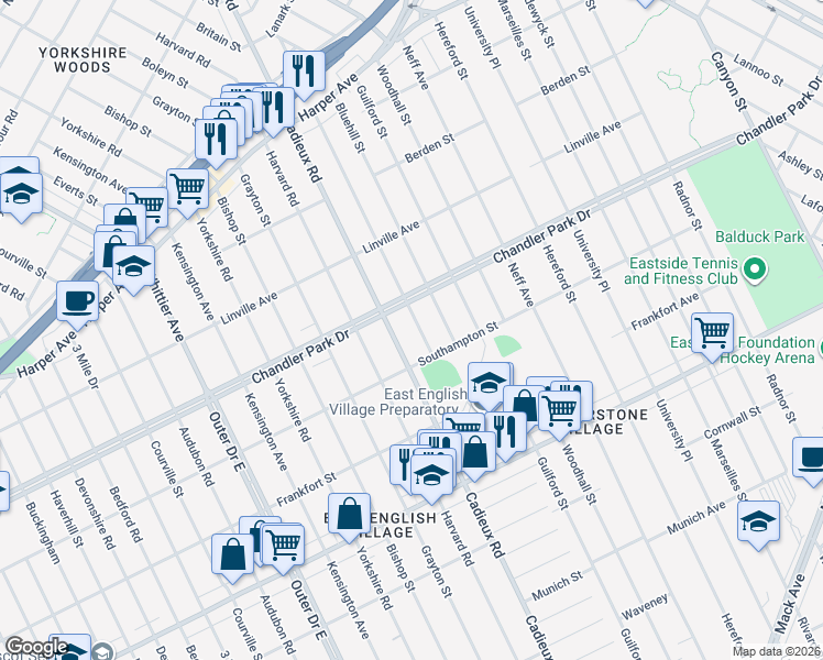 map of restaurants, bars, coffee shops, grocery stores, and more near 5565 Oldtown Street in Detroit