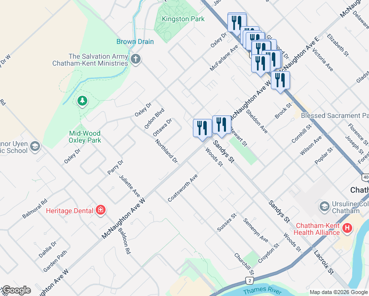 map of restaurants, bars, coffee shops, grocery stores, and more near 30 Pembroke Crescent in Chatham