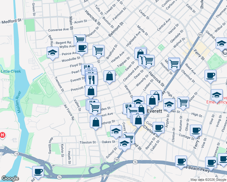 map of restaurants, bars, coffee shops, grocery stores, and more near 16 Cleveland Avenue in Everett