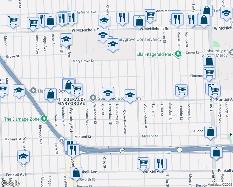 map of restaurants, bars, coffee shops, grocery stores, and more near 16182 Cherrylawn Street in Detroit