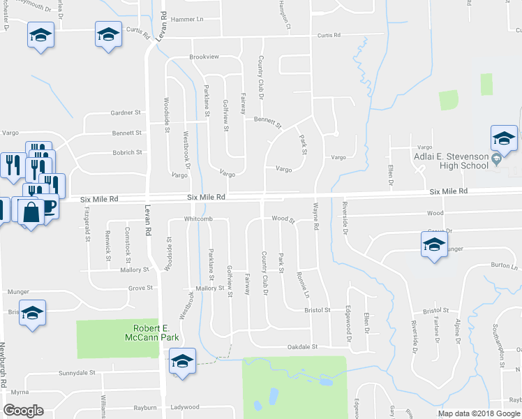 map of restaurants, bars, coffee shops, grocery stores, and more near 16901 Country Club Drive in Livonia