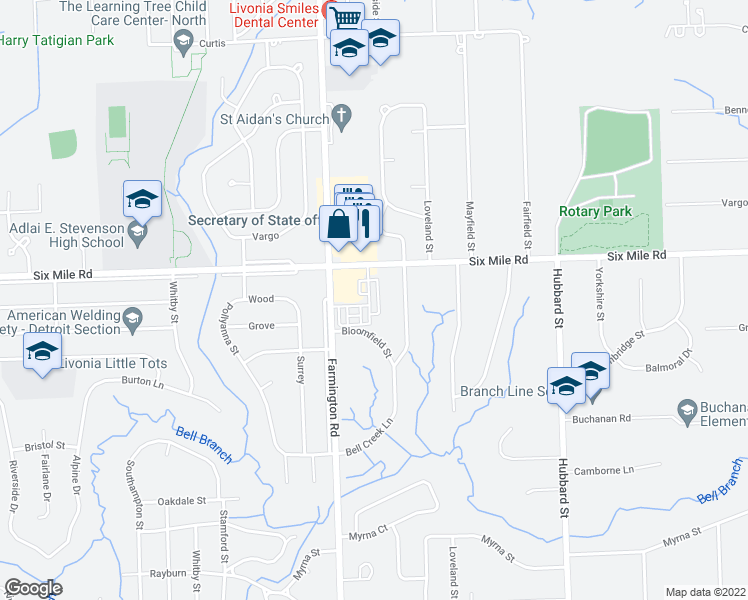 map of restaurants, bars, coffee shops, grocery stores, and more near 16890 Farmington Road in Livonia
