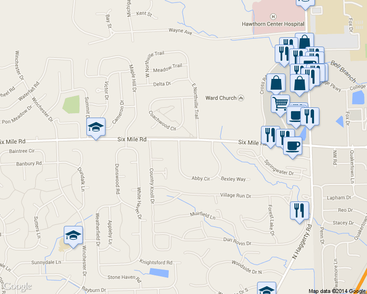 map of restaurants, bars, coffee shops, grocery stores, and more near 17090 Abby Circle in Northville