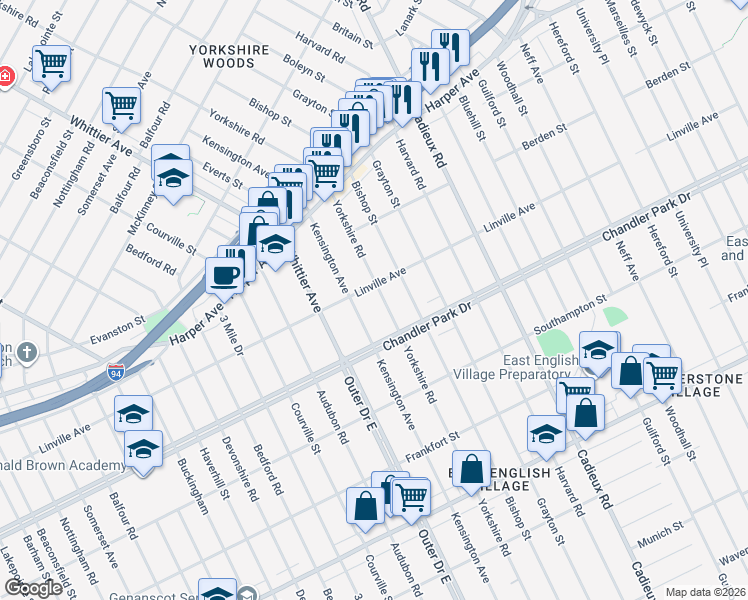 map of restaurants, bars, coffee shops, grocery stores, and more near 5800 Yorkshire Road in Detroit