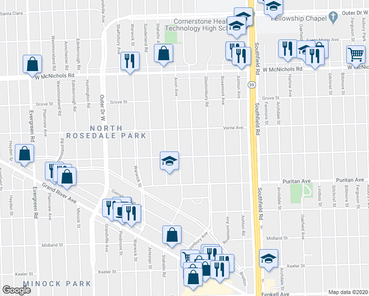 map of restaurants, bars, coffee shops, grocery stores, and more near 16540 Avon Avenue in Detroit