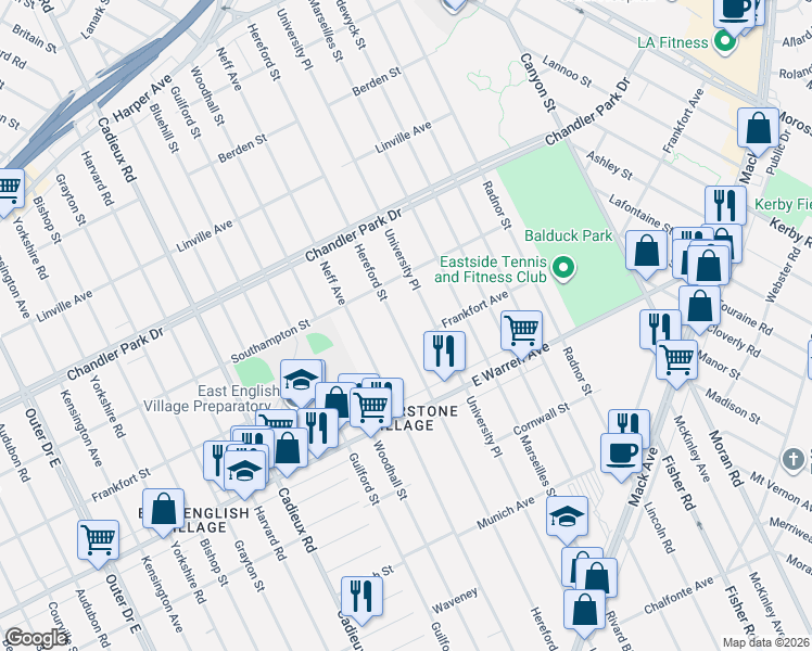 map of restaurants, bars, coffee shops, grocery stores, and more near 5204 Hereford Street in Detroit
