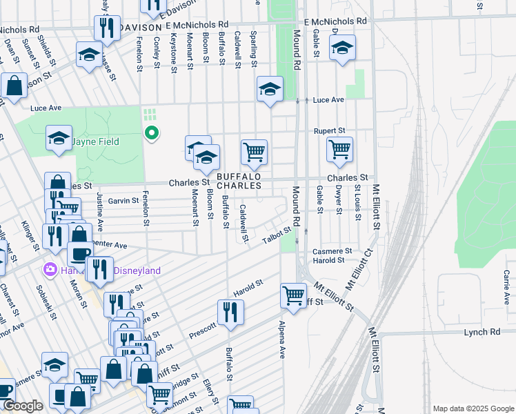 map of restaurants, bars, coffee shops, grocery stores, and more near 5825 Emerald Springs in Detroit