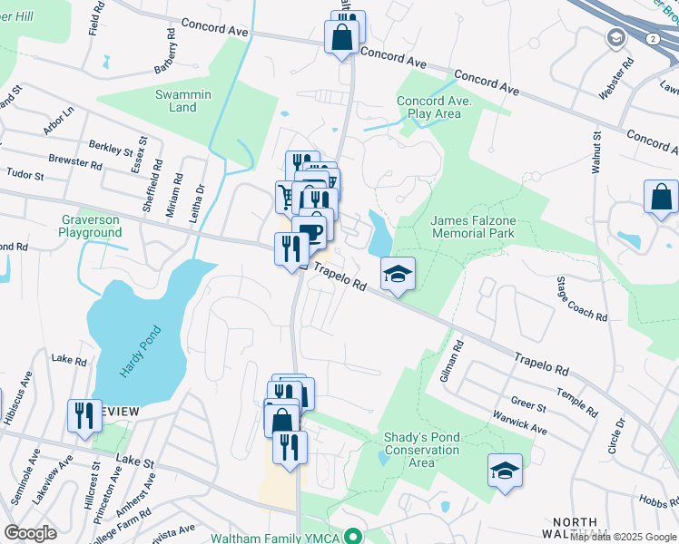 map of restaurants, bars, coffee shops, grocery stores, and more near 985 Trapelo Road in Waltham