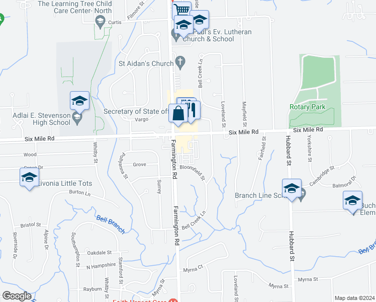 map of restaurants, bars, coffee shops, grocery stores, and more near 16996 Farmington Road in Livonia